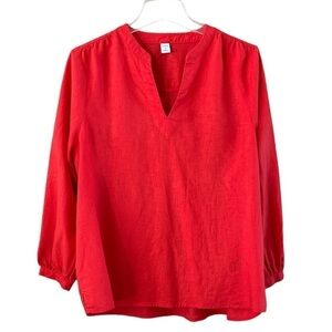 Old Navy V-neck Blouse Linen Blend Long Sleeves Buttoned Cuffs Orange Size M